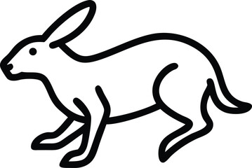 Streamlined black outline showcases a rabbit poised in mid stride against a white backdrop