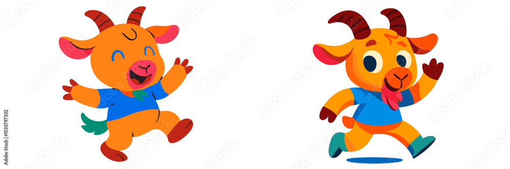 Poster brightly colored cartoon goats dancing joyfully in playful attire during a vibrant animation scene
