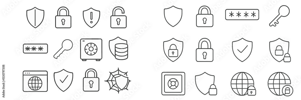 Poster Security icons showcasing various elements like locks, keys, and shields in a minimalistic design suitable for digital applications