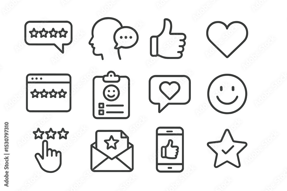 Poster line icons representing customer feedback, reviews, and communication in a modern digital setting