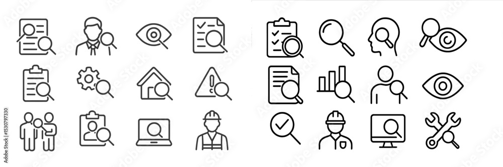 Poster collection of diverse icons representing search, analysis, and professional tasks in clean line art 