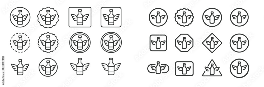 Aufkleber Different variations of a logo design featuring a bottle with wings shown in various shapes and styles