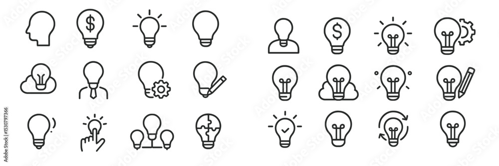 Poster collection of light bulb icons representing creativity, ideas, and innovation in various styles and 