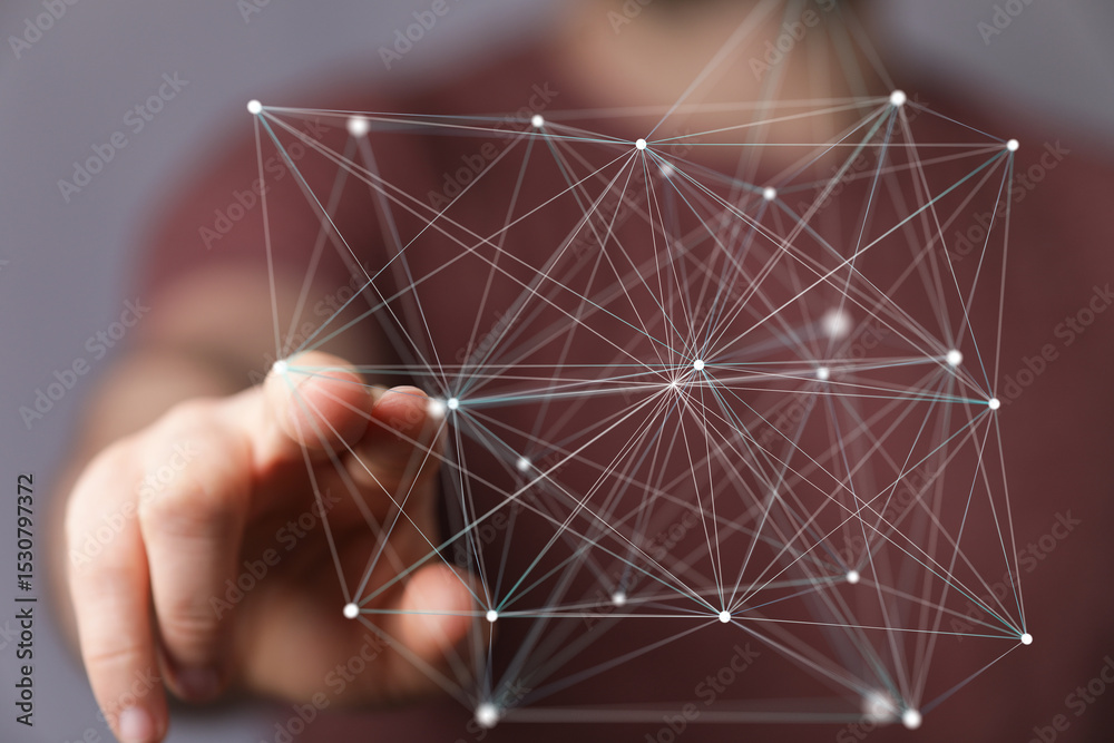 Poster Abstract image of a hand interacting with a complex network of connections, representing digital technology and connectivity.