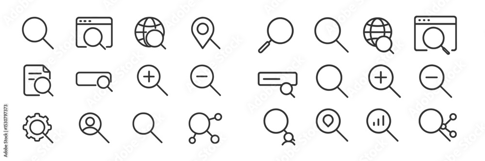 Poster various search icons illustrating exploration, navigation, and information retrieval in modern techn