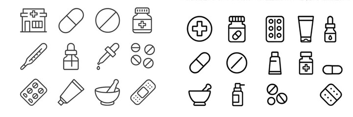 Collection of various health and medical icons including pills, bottles, and supplies for healthcare visuals