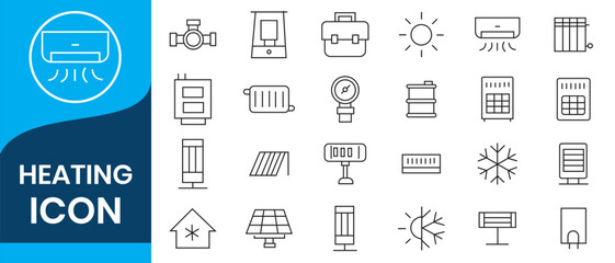 Heating modern icon set. Contain linear symbols temperature, fireplace, hot, heater, boiler, fire, heat and more. Hot icon set. Minimalist vector collections. 