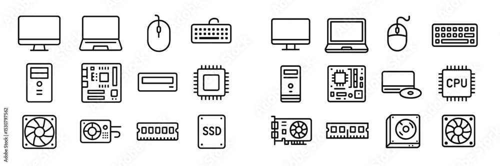 Aufkleber Different types of computer components and peripherals are displayed in a detailed arrangement with clear outlines and designs