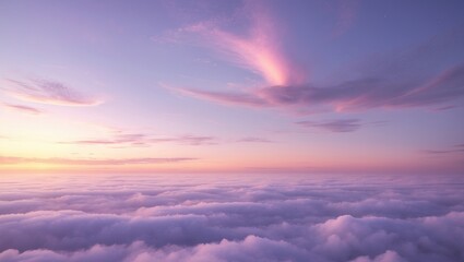 Obraz premium A peaceful sky at dusk featuring gentle pastel hues and fluffy clouds spread across the horizon.