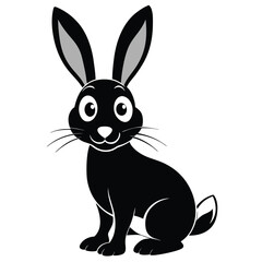 Animated black rabbit with big eyes and long ears sits attentively