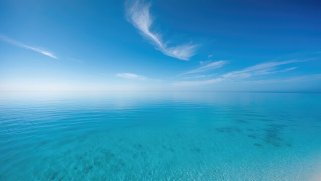 A tranquil blue seascape background and wallpaper featuring few clouds in the sky, a clear horizon, and minimally visible ocean waves, with the ocean's edge acting as a perfect mirror.