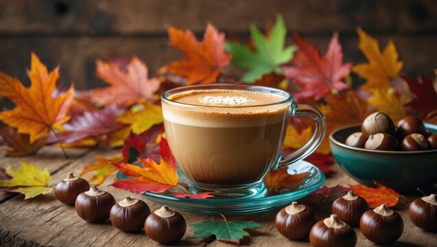 Beautiful morning with coffee and autumn decoration, a perfect start to the day.