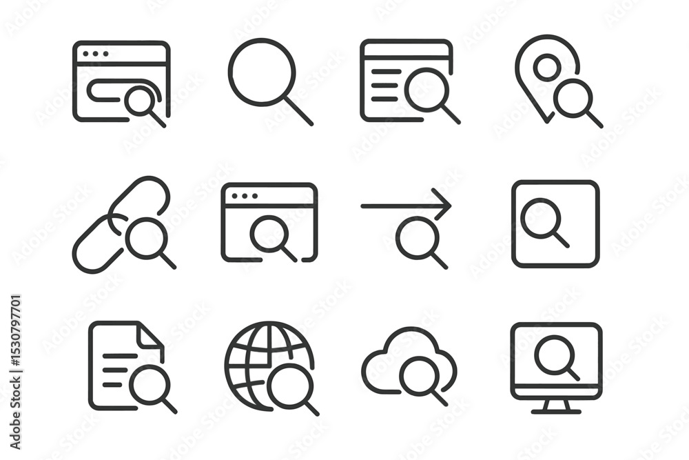 Poster Search icons collection featuring various symbols representing web navigation, location, and document exploration