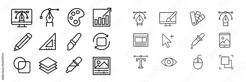 Poster icons representing graphic design tools and activities in a minimalist style on a white background