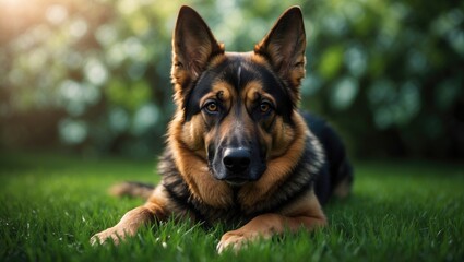 Beautiful black and tan german shepherd outdoors, with a blurred green background and spring grass.