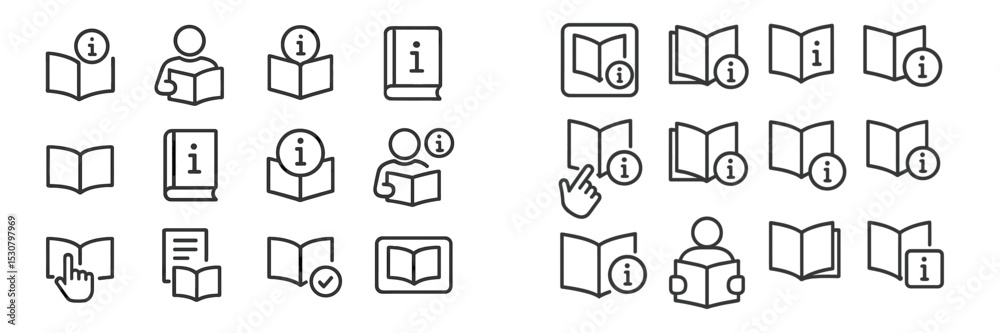 Poster icons depicting informational resources and user engagement in a digital learning environment