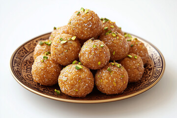Motichoor Ladoo Pile Traditional Indian Sweet Balls Topped with Pistachios on Decorative Plate