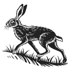 In monochrome illustration, a hare gallops across a grassy field, its figure a bold silhouette