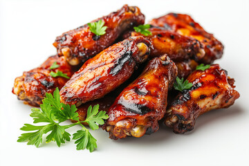 Pile of Delicious Grilled Chicken Wings Garnished with Fresh Parsley on White Background