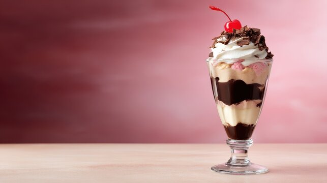 Delicious dessert parfait with layers of chocolate, vanilla, and strawberry ice cream topped with whipped cream and a cherry against a soft pink background