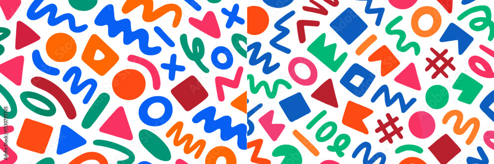 Poster Colorful geometric shapes create a vibrant pattern on a white background in an artistic display