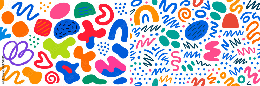 Poster colorful abstract design featuring playful shapes and patterns in vibrant hues on a white background
