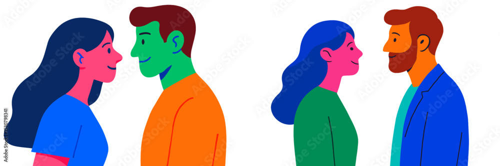 Poster couples smiling and gazing at each other against a simple background in a warm setting during a joyf