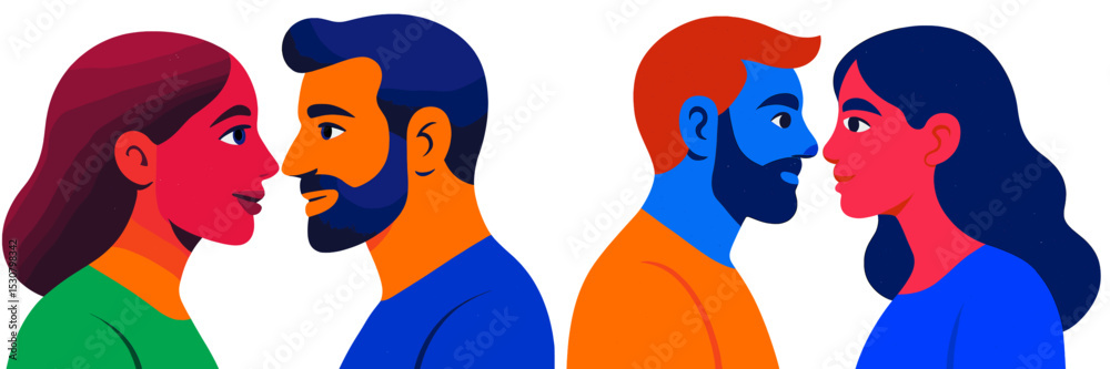 Poster Colorful representation of two couples facing each other in a vibrant and playful style reflecting emotions and connection