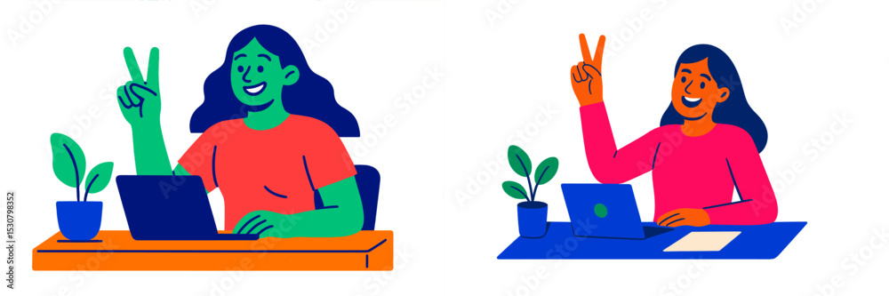 Poster two women smiling and working on laptops while giving peace signs in a colorful workspace