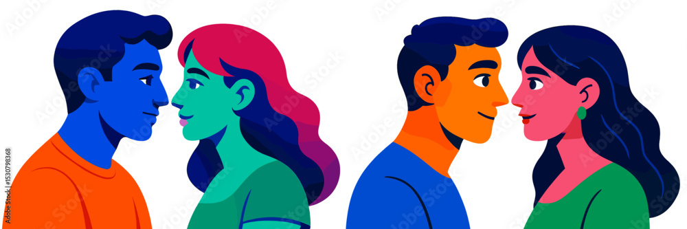 Poster couples engaged in a joyful moment during a bright and colorful artistic interaction