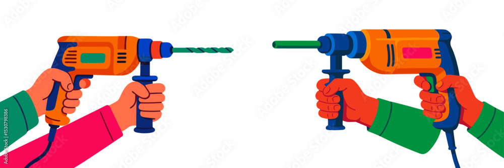 Poster hands holding colorful electric drills during a diy project in a bright workspace filled with tools 