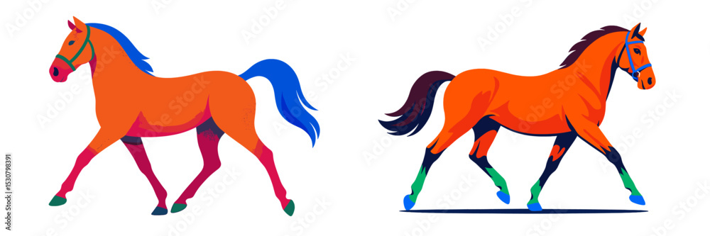 Poster colorful horses walking side by side in abstract style showcasing vibrant hues and dynamic movement