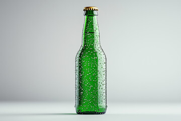 Refreshing Green Glass Bottle with Condensation Droplets and Golden Cap on a Gray Background