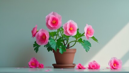 Fototapeta premium Beautiful begonia flower in pot on table adjacent to wall, area for text