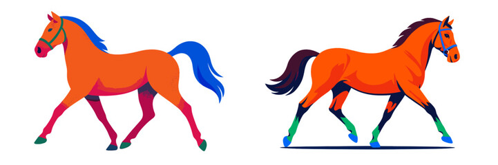 Colorful horses walking side by side in abstract style showcasing vibrant hues and dynamic movement