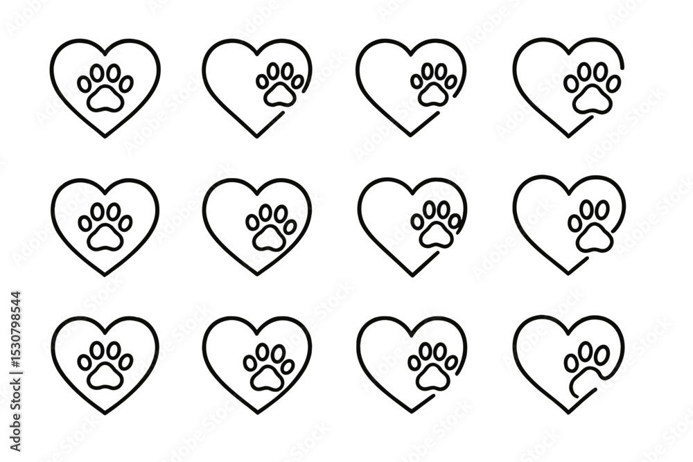 Poster heart and paw print outline designs in a grid pattern for animal lovers and pet owners