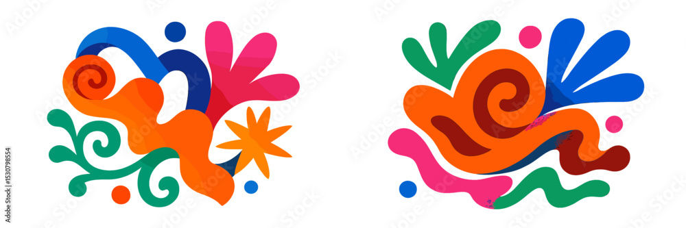 Poster colorful abstract designs with swirls and shapes representing creativity and joy