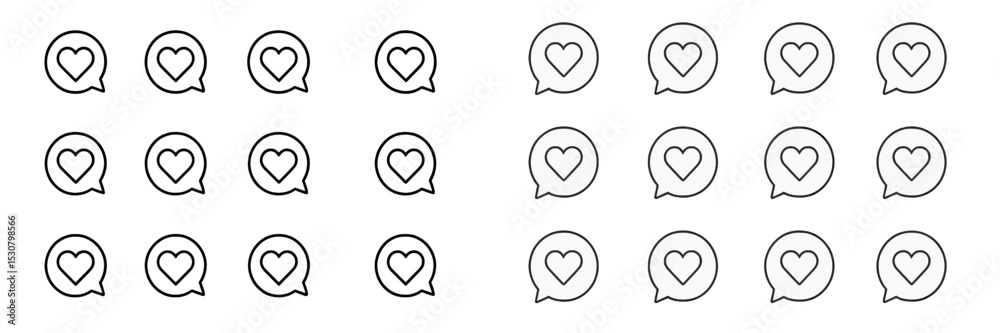 Poster collection of hand-drawn speech bubbles with heart symbols designed for digital communication or gra