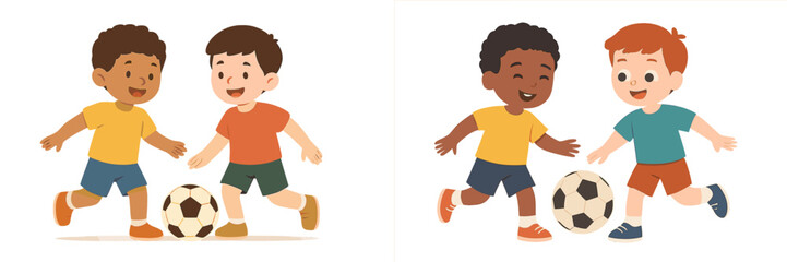 Fototapeta premium Friends enjoying a playful moment while kicking a soccer ball together in a bright, cheerful setting