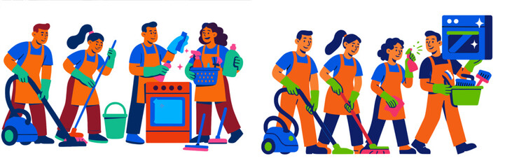 Cleaners work together in a bright and lively environment, showcasing teamwork and efficiency in everyday cleaning tasks