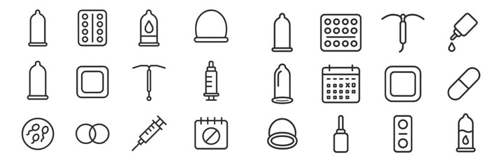 Various symbols representing contraceptive methods displayed in a grid format, showcasing options for family planning and sexual health