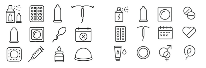 Various contraceptive methods and reproductive health symbols illustrated in a minimalistic style for educational purposes
