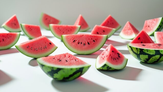 Creative Scandinavian style flat lay top view of fresh watermelon slices on white table background with copy space. Minimal summer fruits pattern suitable for blog or recipe book.