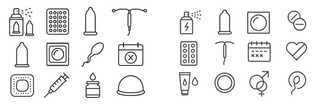 Various contraceptive methods and reproductive health symbols illustrated in a minimalistic style for educational purposes