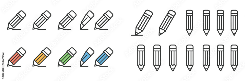 Poster Colorful pencil sketches arranged in neat rows showing various designs and outlines on a light background