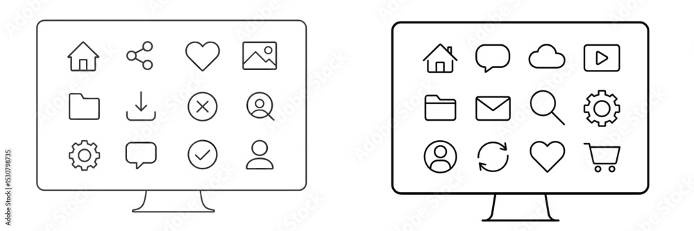 Fototapete Collection of minimalistic icons displayed on computer screens representing various digital functions and applications