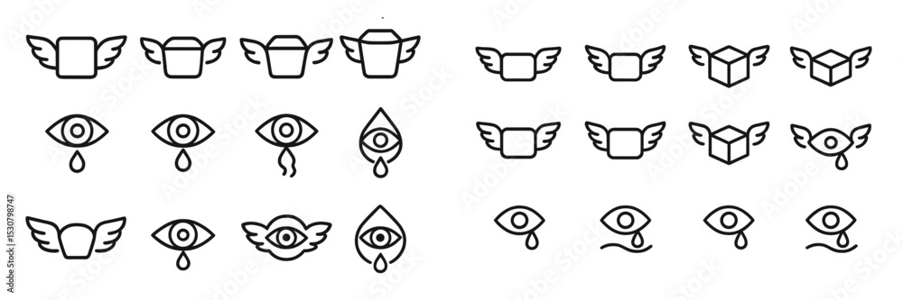 Aufkleber creative set of winged icons depicting eyes and boxes in a minimalist style on a plain background