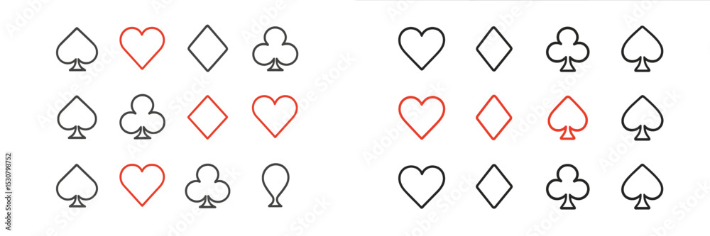 Poster playing card suits arranged in unique patterns showcasing hearts, spades, diamonds, and clubs on a s