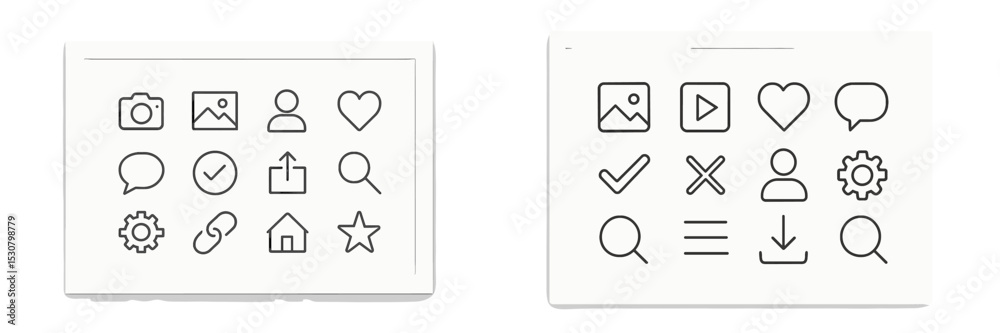 Poster Collection of simple line icons in frames representing various digital activities and emotions in a minimalist design style