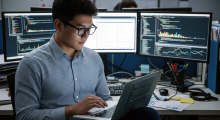 Male developer working on a laptop in an office, surrounded by monitors displaying charts, code, and programming data.